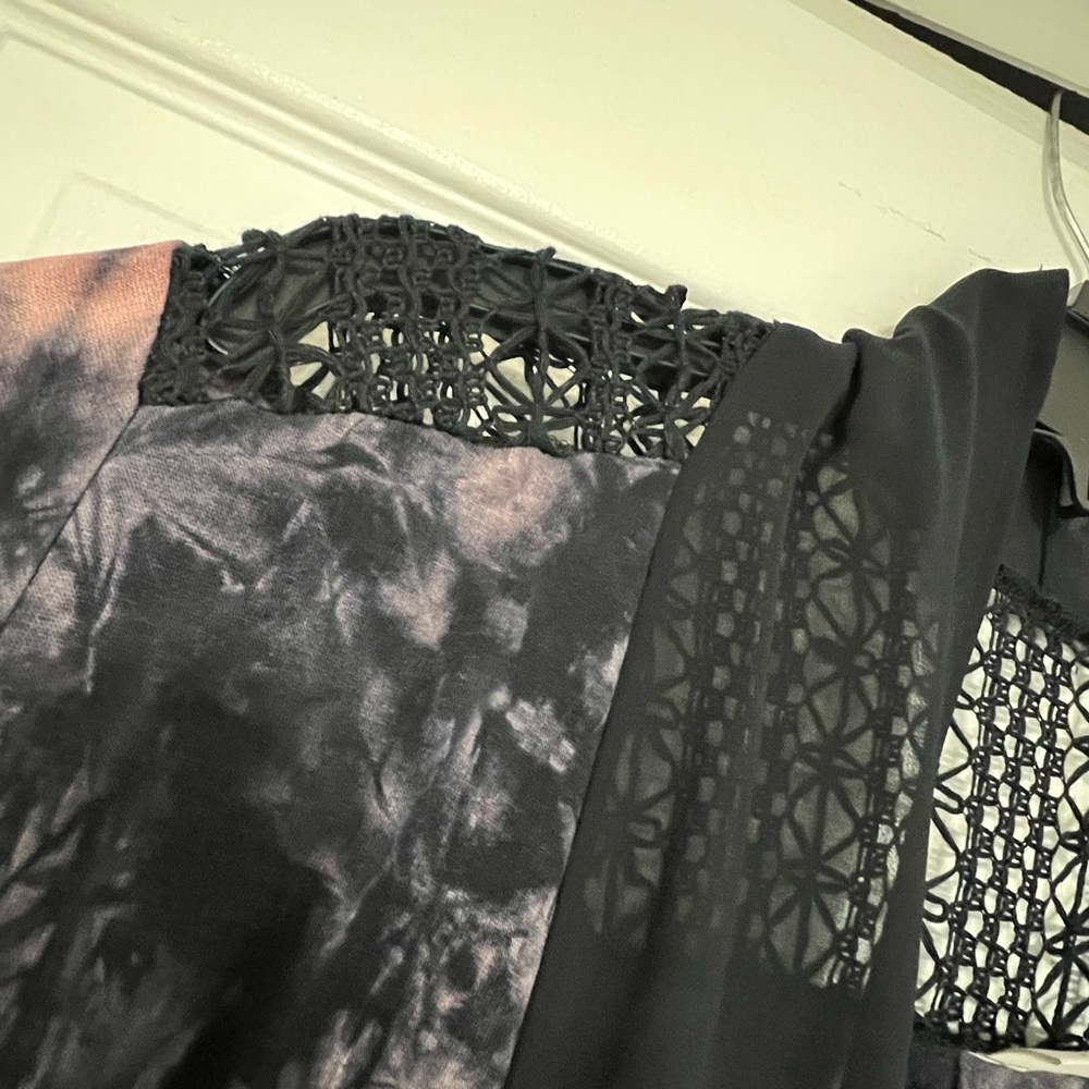 LOGO by Lori Goldstein Purple and Gray Cardigan Featuring Sheer Hem & Open Back. - Picture 3 of 15